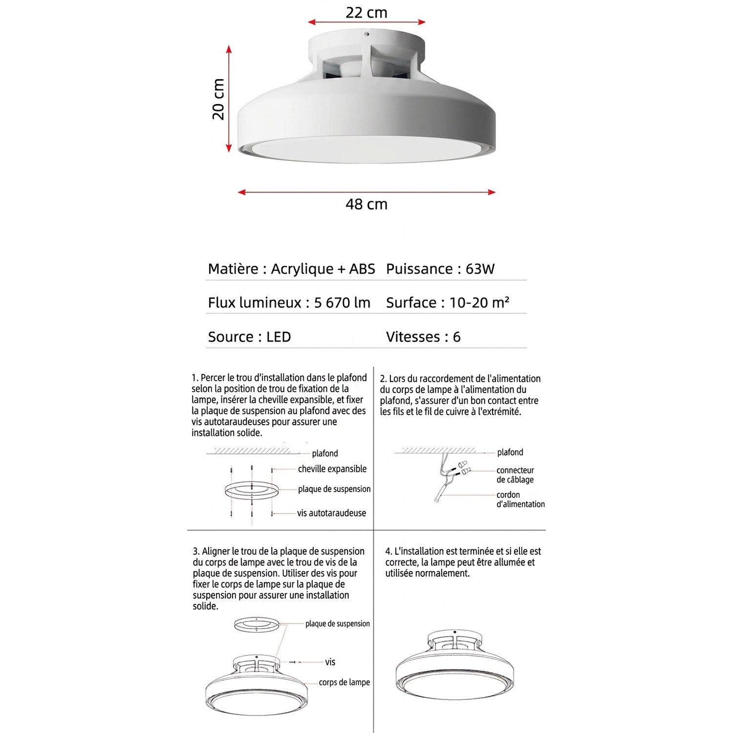 Schéma dimensions plafonnier LED blanc sans pale diamètre 48 cm hauteur 20 cm cotes