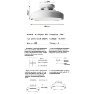 Schéma dimensions plafonnier LED blanc sans pale diamètre 48 cm hauteur 20 cm cotes