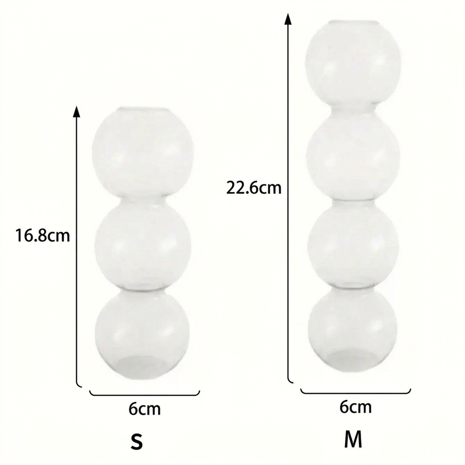 Schéma des dimensions des deux vases en verre à bulles modèle S 16,8 cm et modèle M 22,6 cm diamètre 6 cm