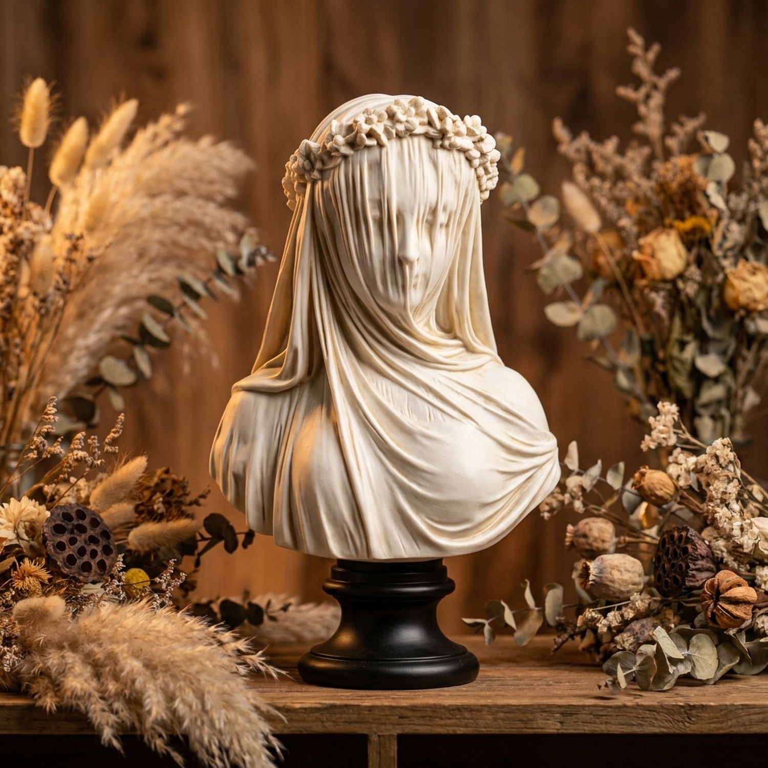 Sculpture de buste voilé en résine gris clair posé sur une étagère en bois avec des fleurs séchées fond ambré