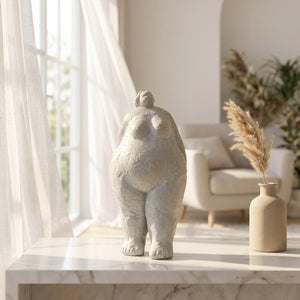 Sculpture corps féminin abstrait résine grise sur console marbre près fenêtre lumière naturelle