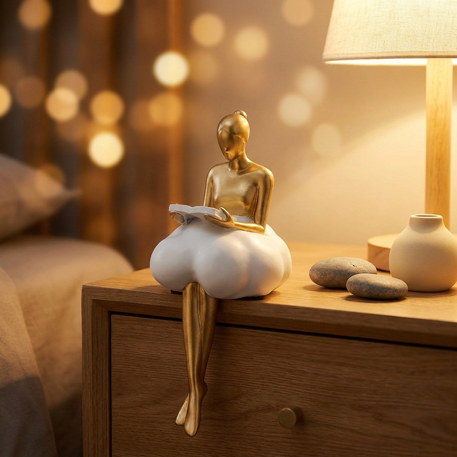 Figurine femme abstraite dorée sur table de chevet avec lampe et éclairage chaleureux