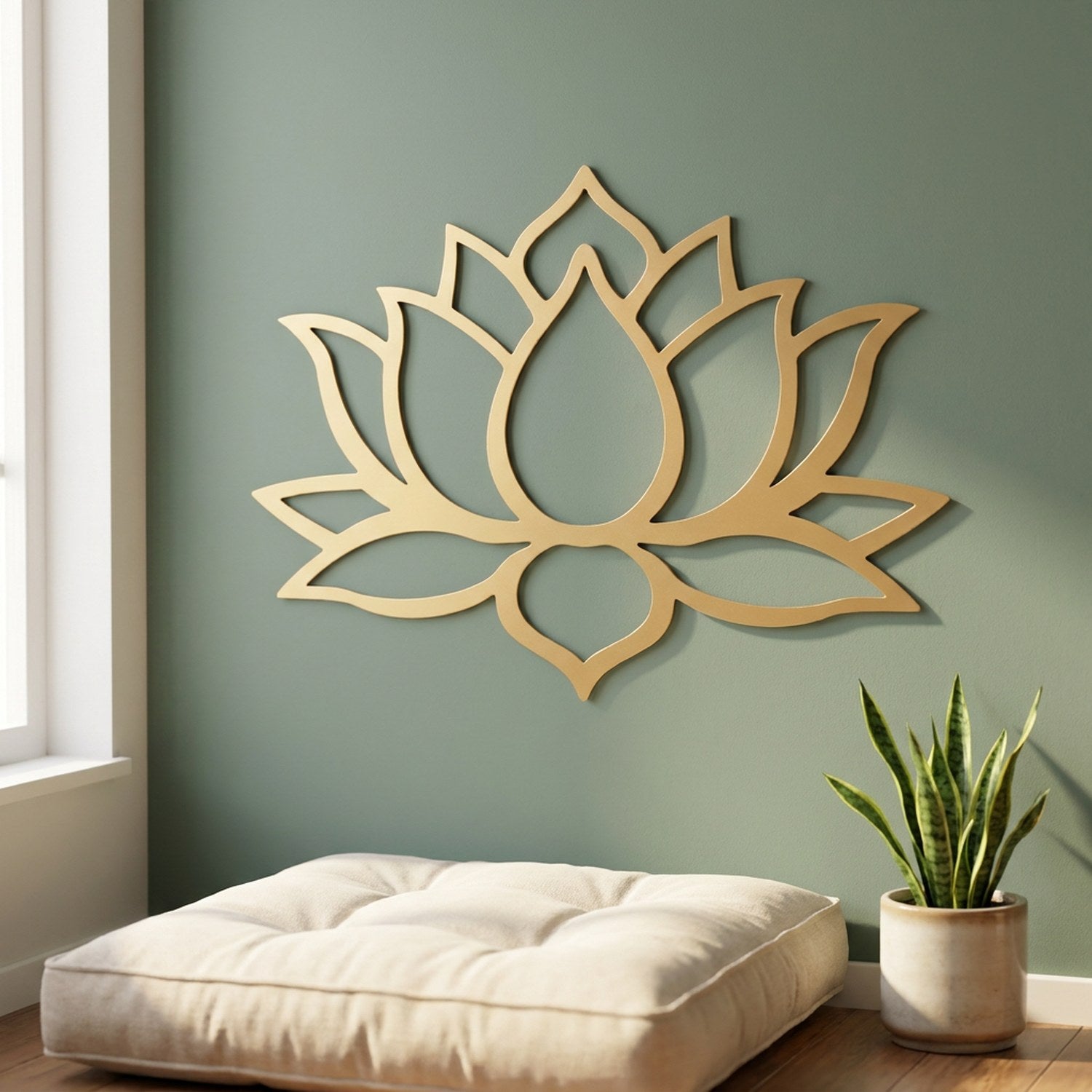 Sculpture murale dorée motif lotus dans un coin détente zen