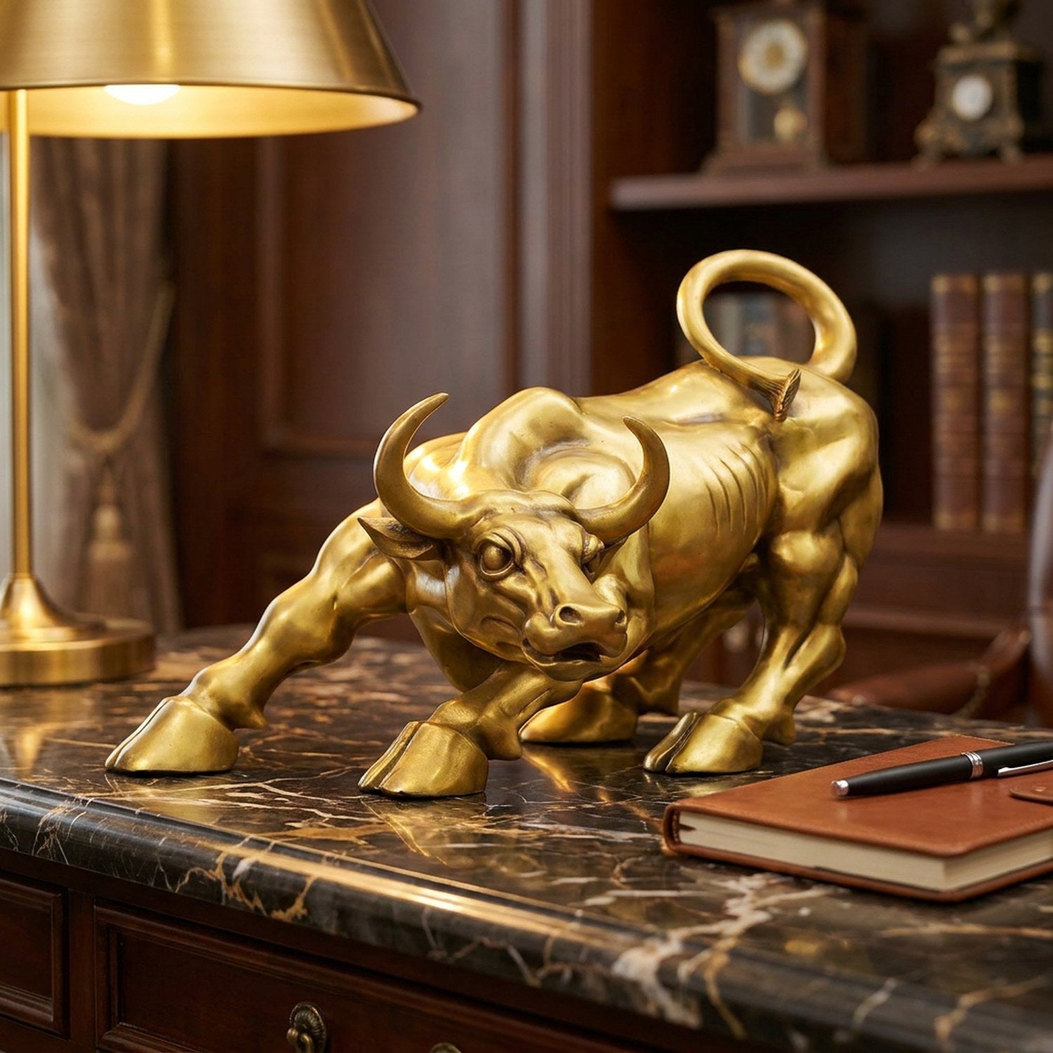 Sculpture de taureau doré sur console en marbre dans un bureau élégant avec lampe dorée