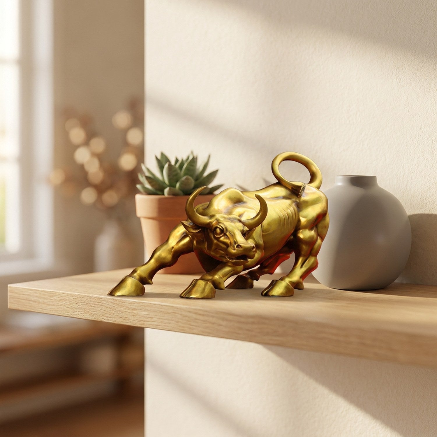 Sculpture de taureau cuivre sur étagère flottante en chêne avec plante et vase gris