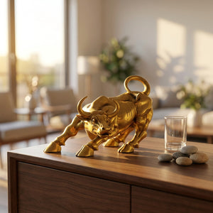 Sculpture taureau Feng Shui dorée posée sur meuble en bois sombre dans salon chaleureux