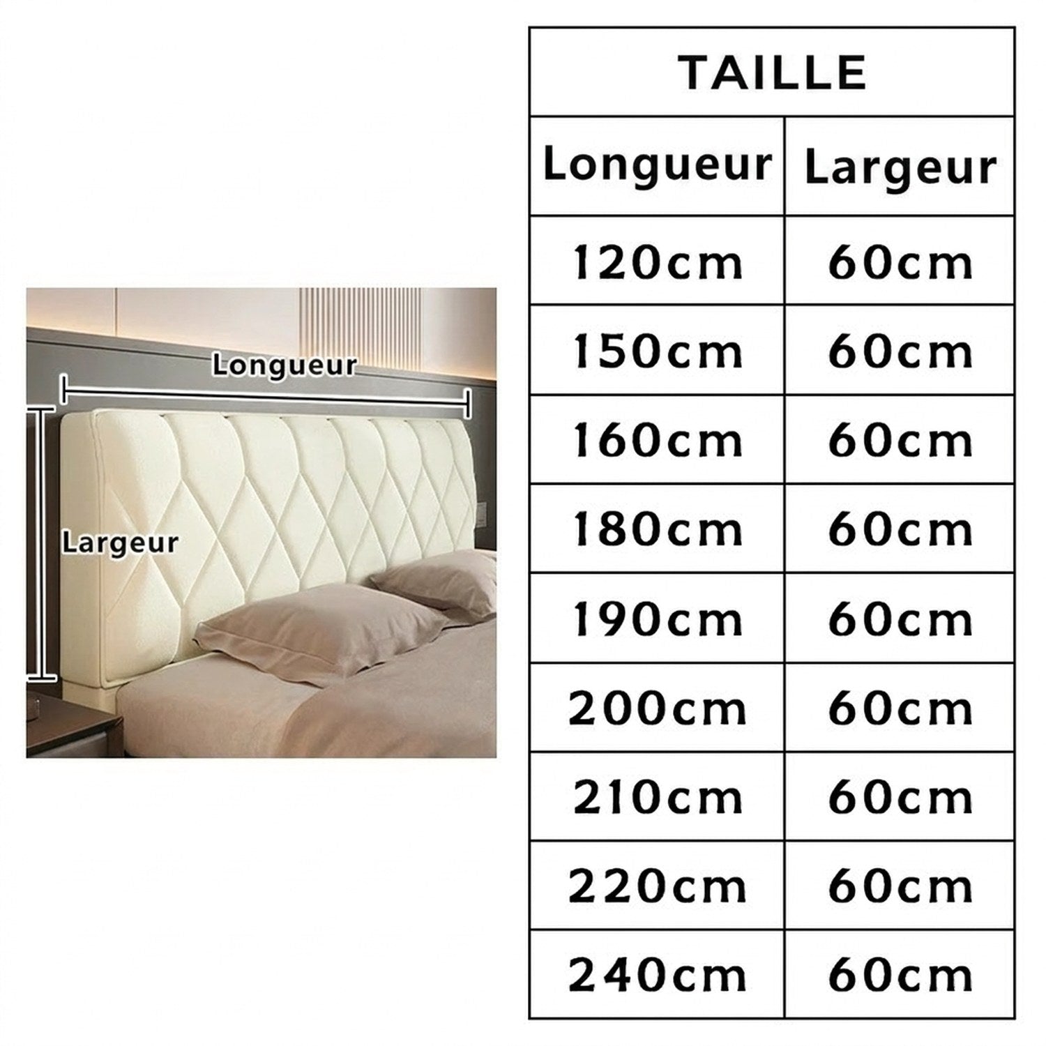 Tableau des tailles disponibles pour la housse de tête de lit de 120 à 240 cm