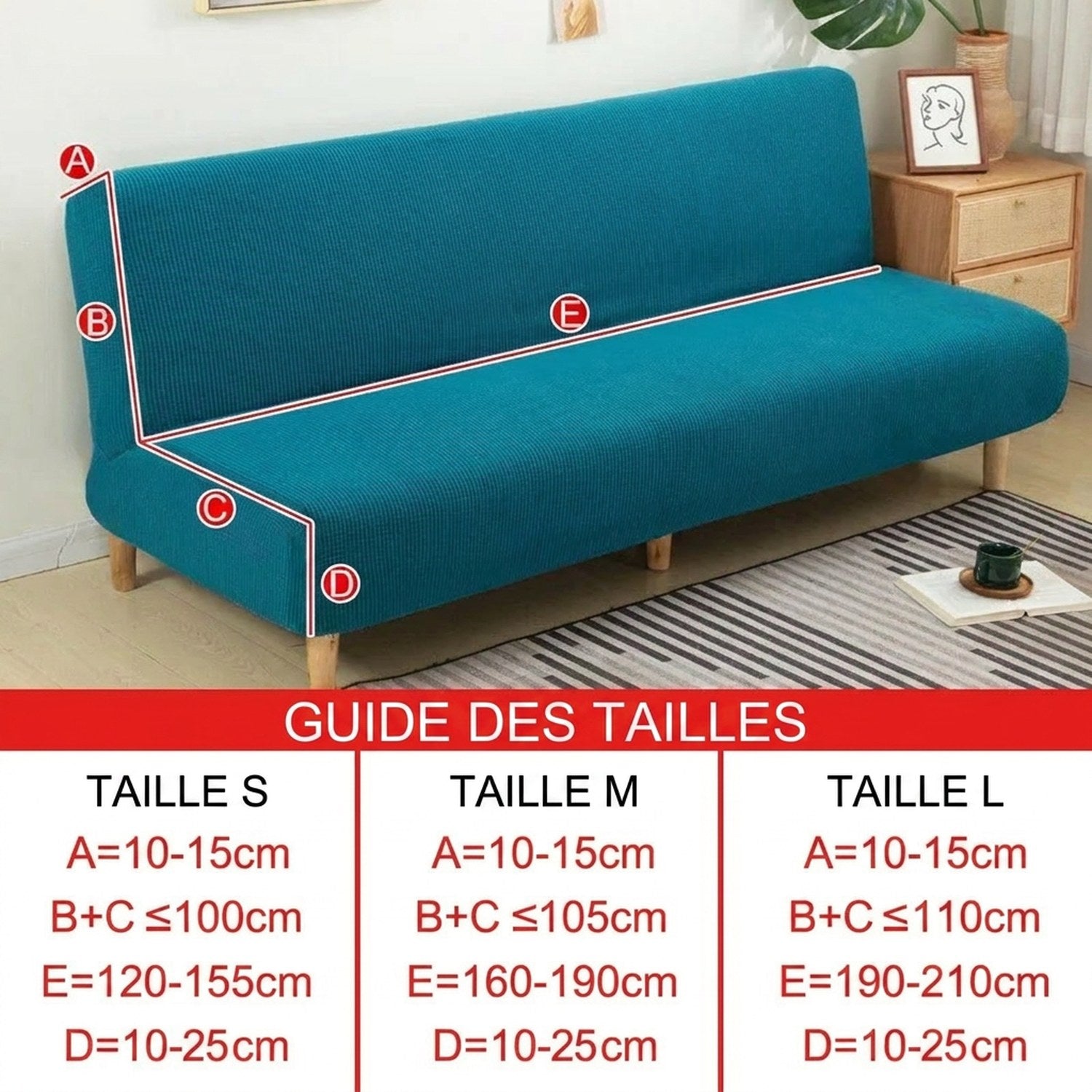 Guide des tailles S M et L pour la housse de canapé lit futon en centimètres