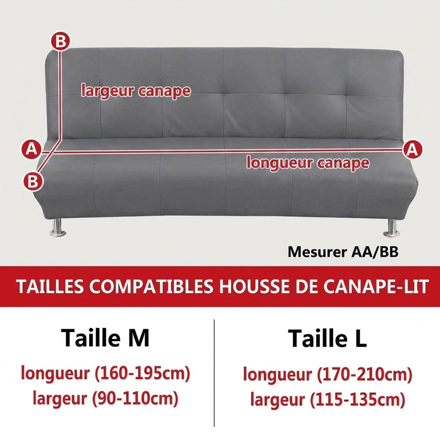 Guide des tailles de la housse de canapé-lit, 160-195 cm et 170-210 cm