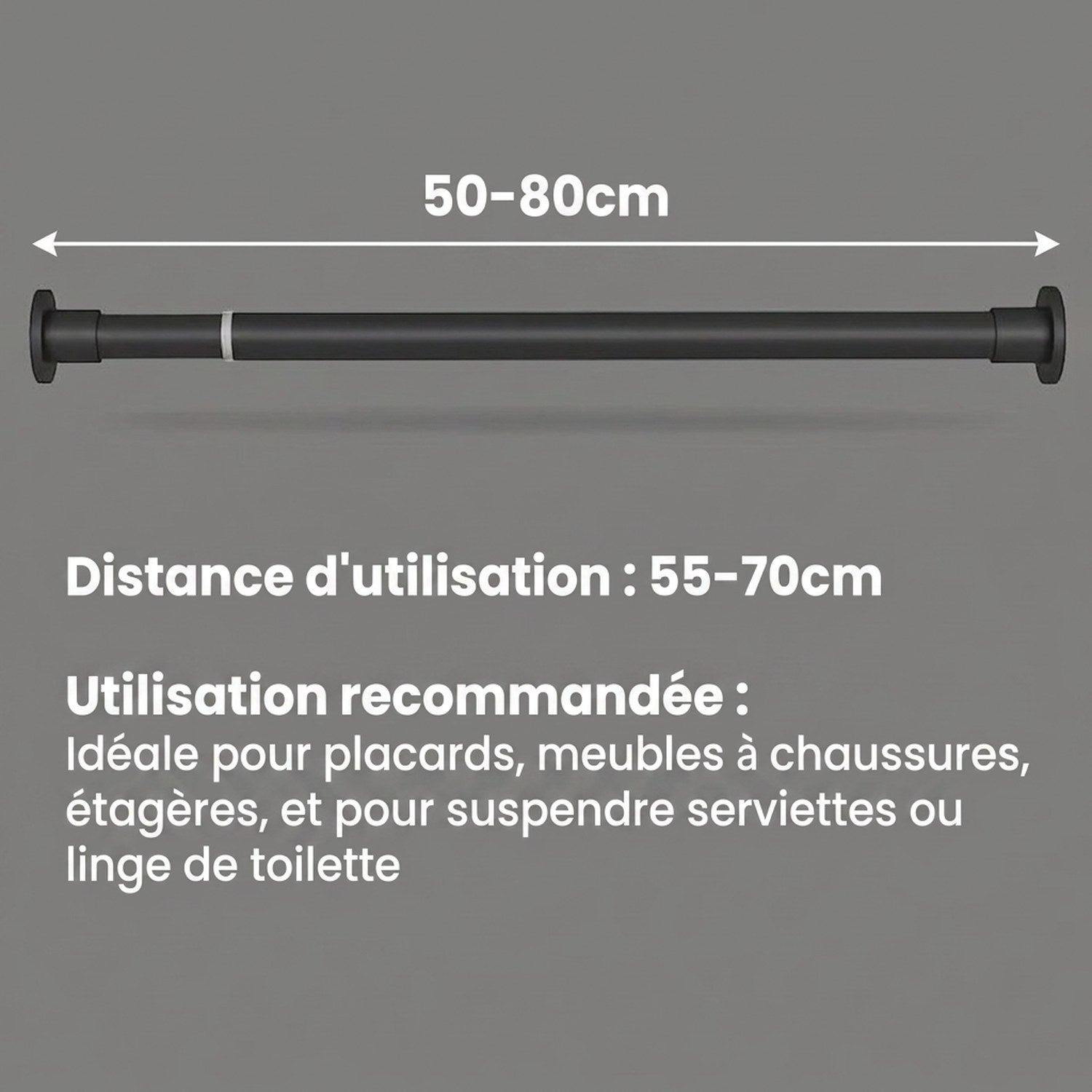 Schéma des dimensions de la tringle à rideau extensible 50 à 80cm