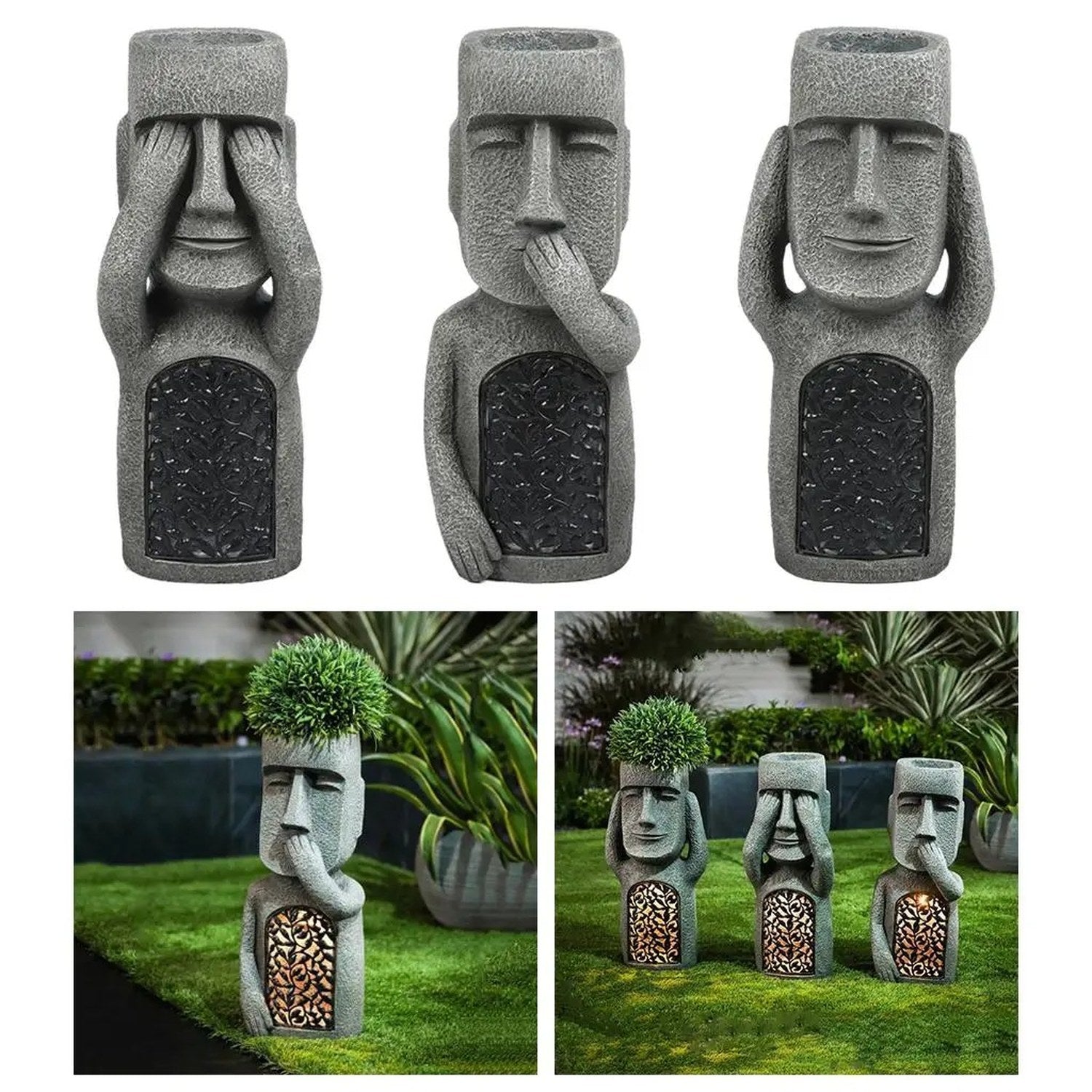 Présentation des trois statues Moai en résine dans jardin et fond blanc