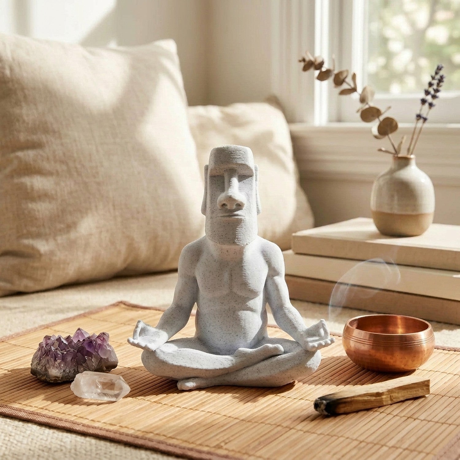 Figurine Moai en méditation sur natte bambou