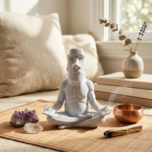Figurine Moai en méditation sur natte bambou