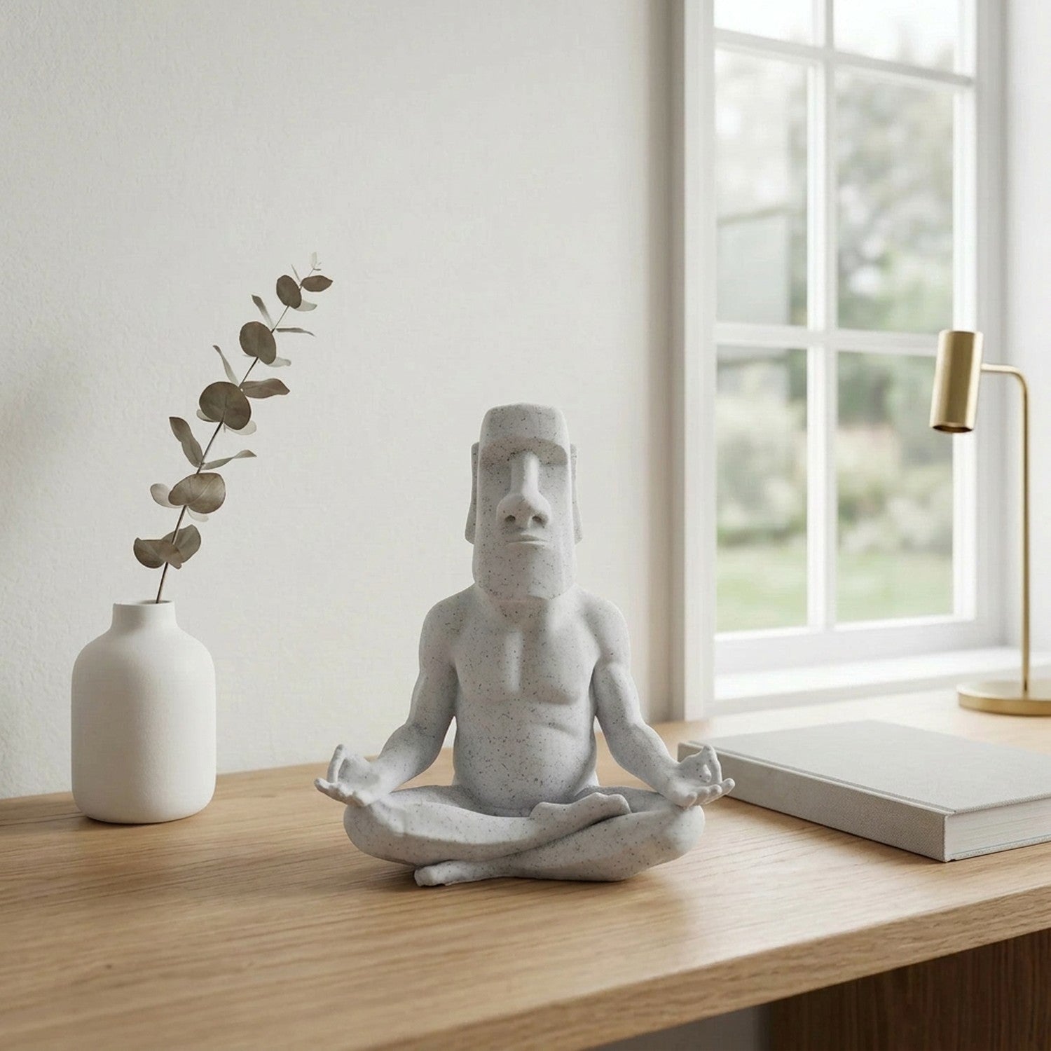 Ornement Moai décoration bureau avec vase et lampe