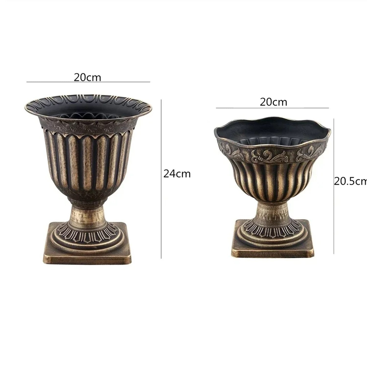 Dimensions des vases romains : urne 20×24 cm, coupe 20×20,5 cm