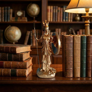 Statue Athéna sur étagère bibliothèque avec livres anciens