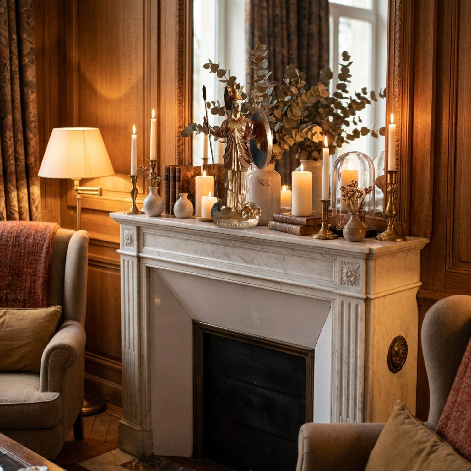 Décoration classique au-dessus d une cheminée avec statue dorée