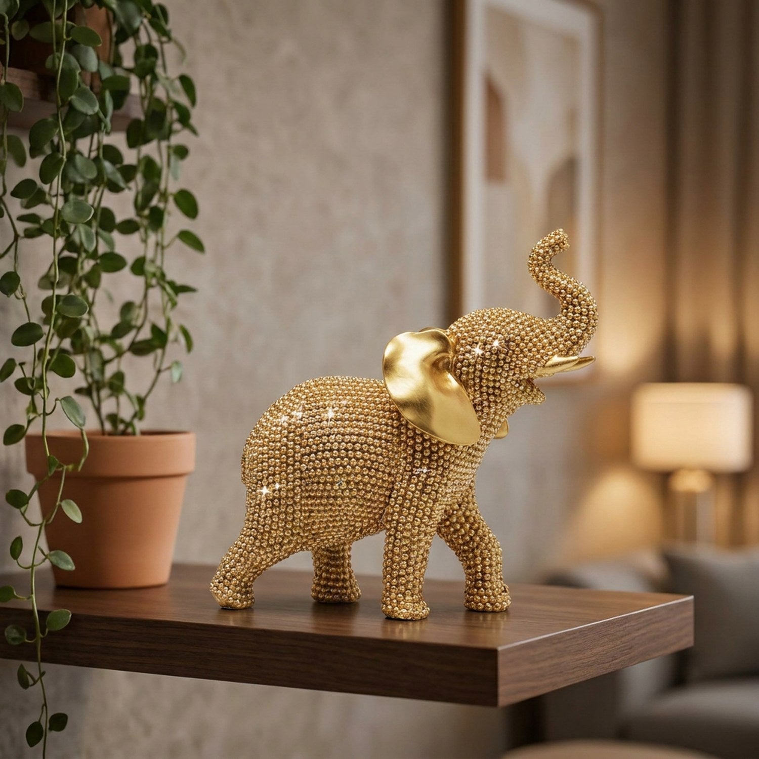 Statue éléphant doré sur une étagère de salon avec une plante verte