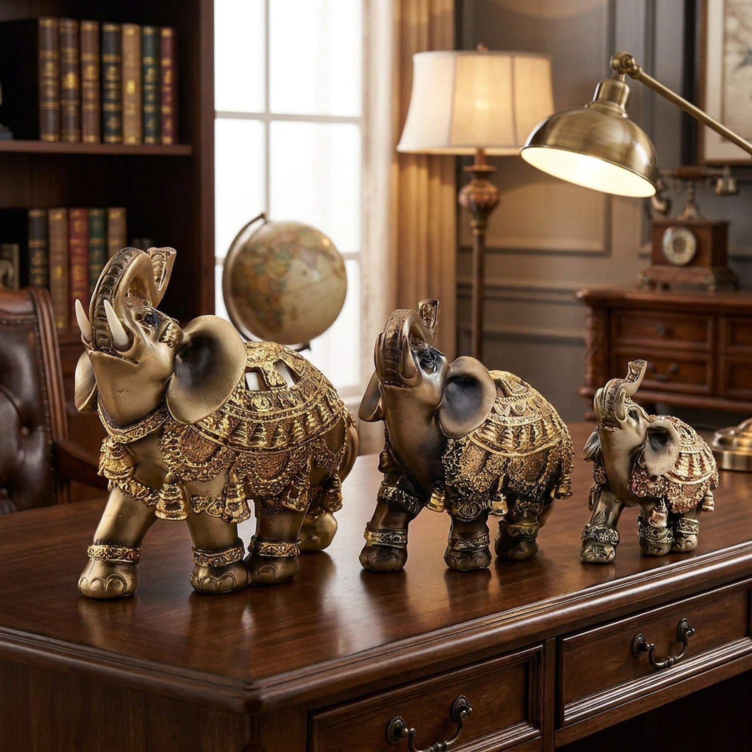 Statues éléphant Feng Shui en résine dorée en 3 tailles sur bureau en bois