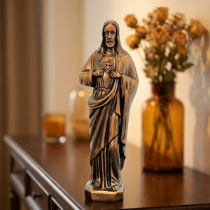 Statue du Sacré-Cœur de Jésus en résine blanche sur étagère décoration intérieur