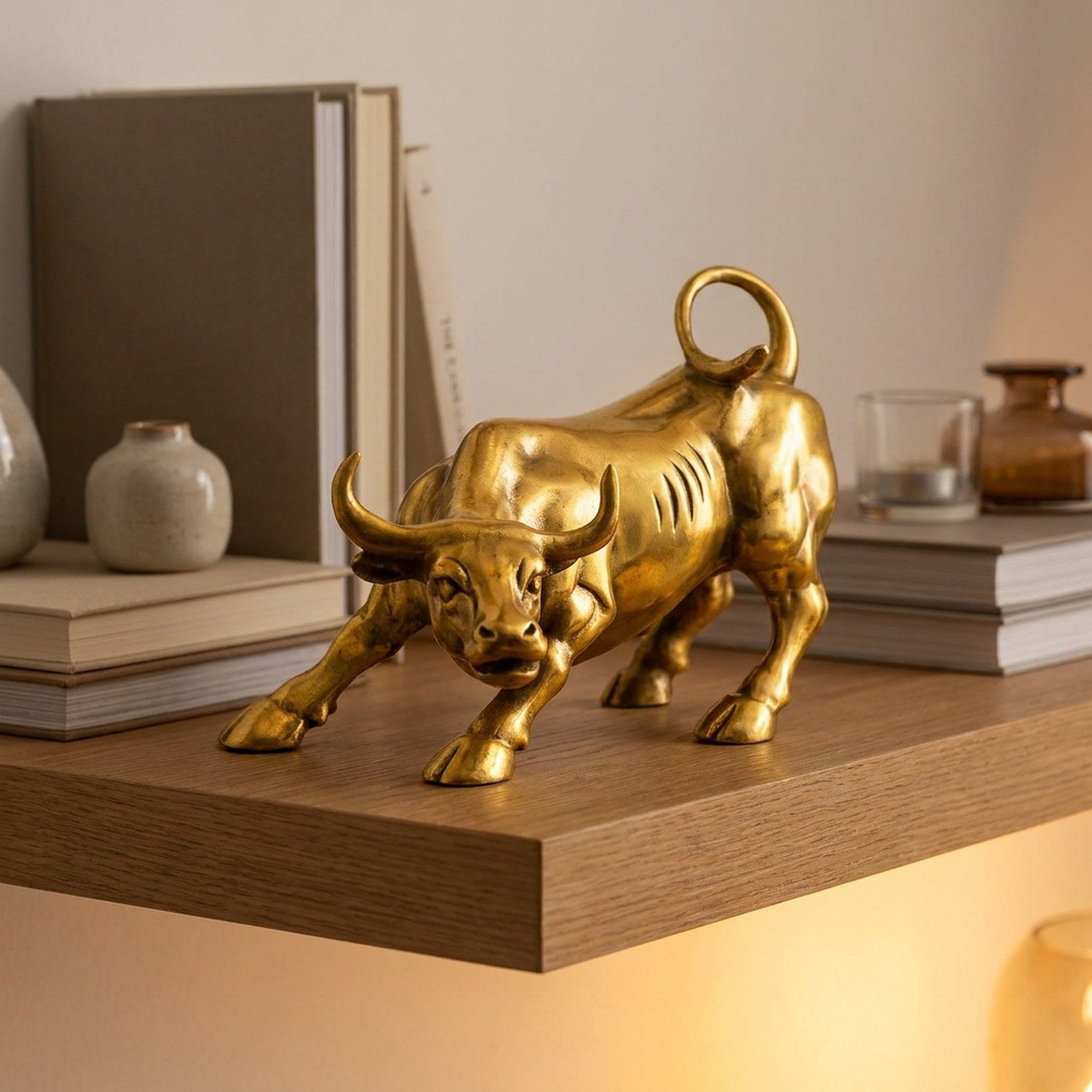 Statue taureau doré sur étagère bois avec livres ambiance bureau