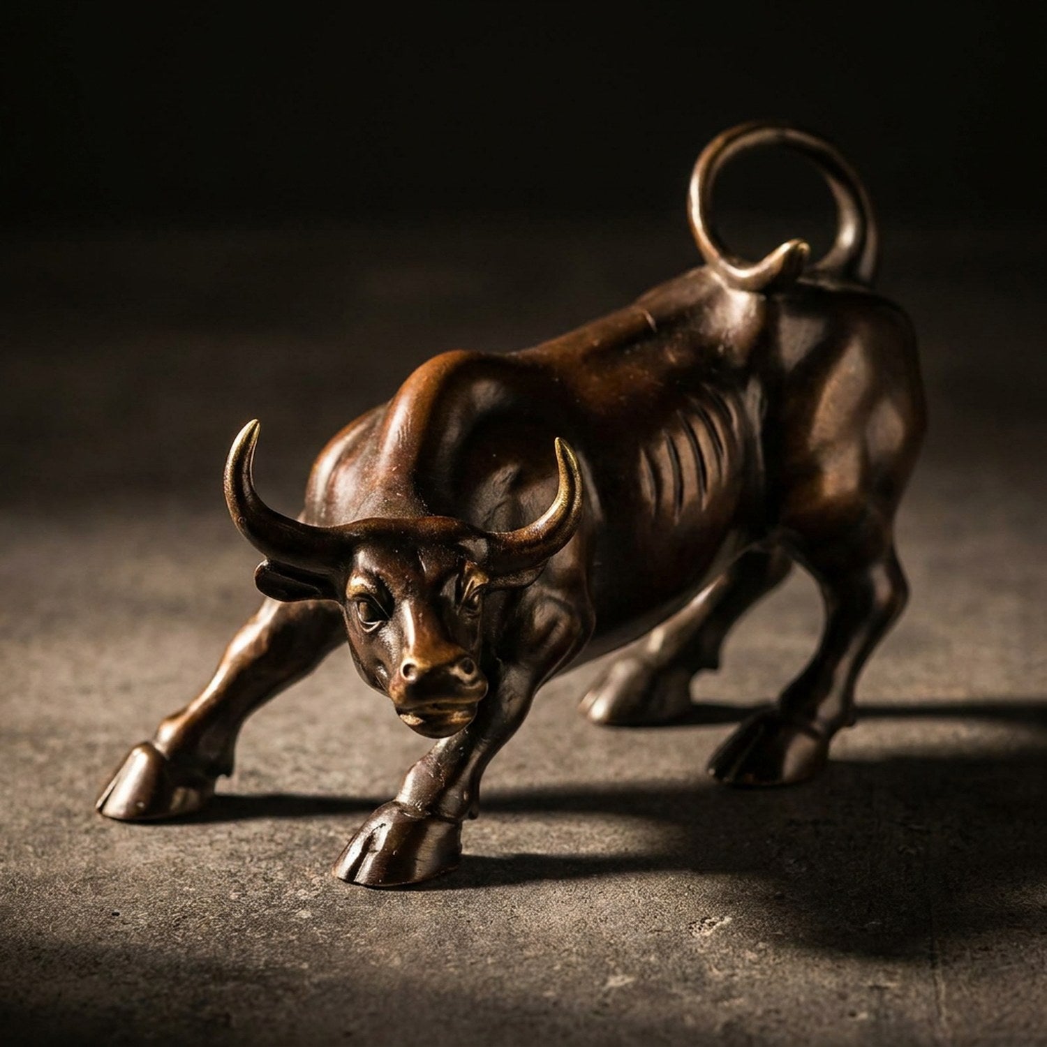 Détail taureau Wall Street métal fond sombre dramatique