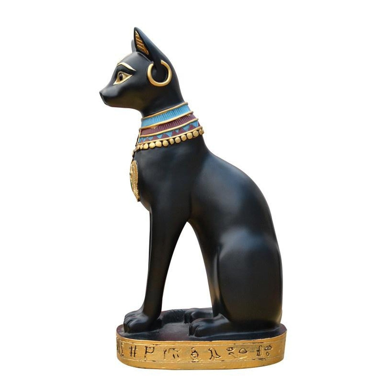 Profil de la statuette chat Bastet noire avec hiéroglyphes sur socle