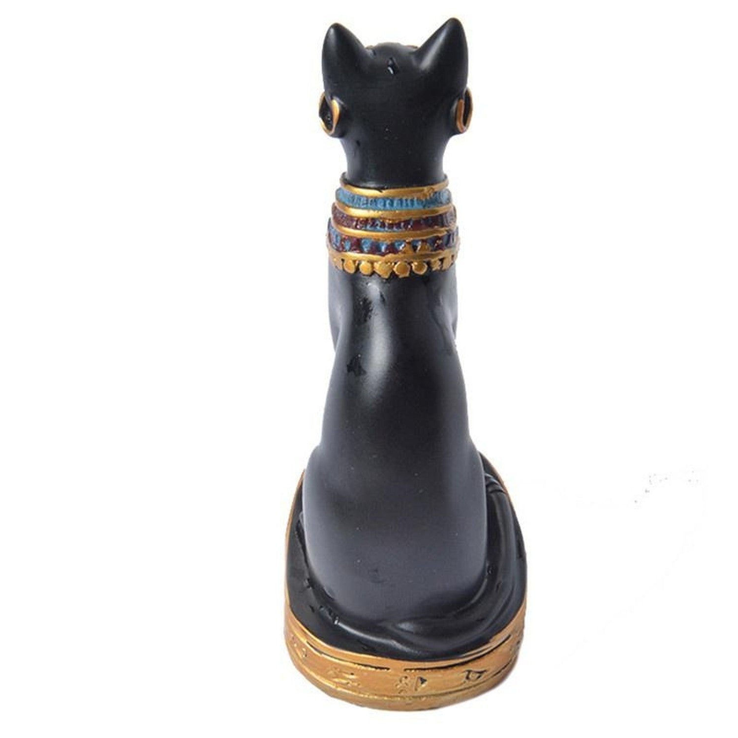 Dos de la statuette chat Bastet noire avec détail du collier coloré