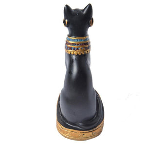 Dos de la statuette chat Bastet noire avec détail du collier coloré
