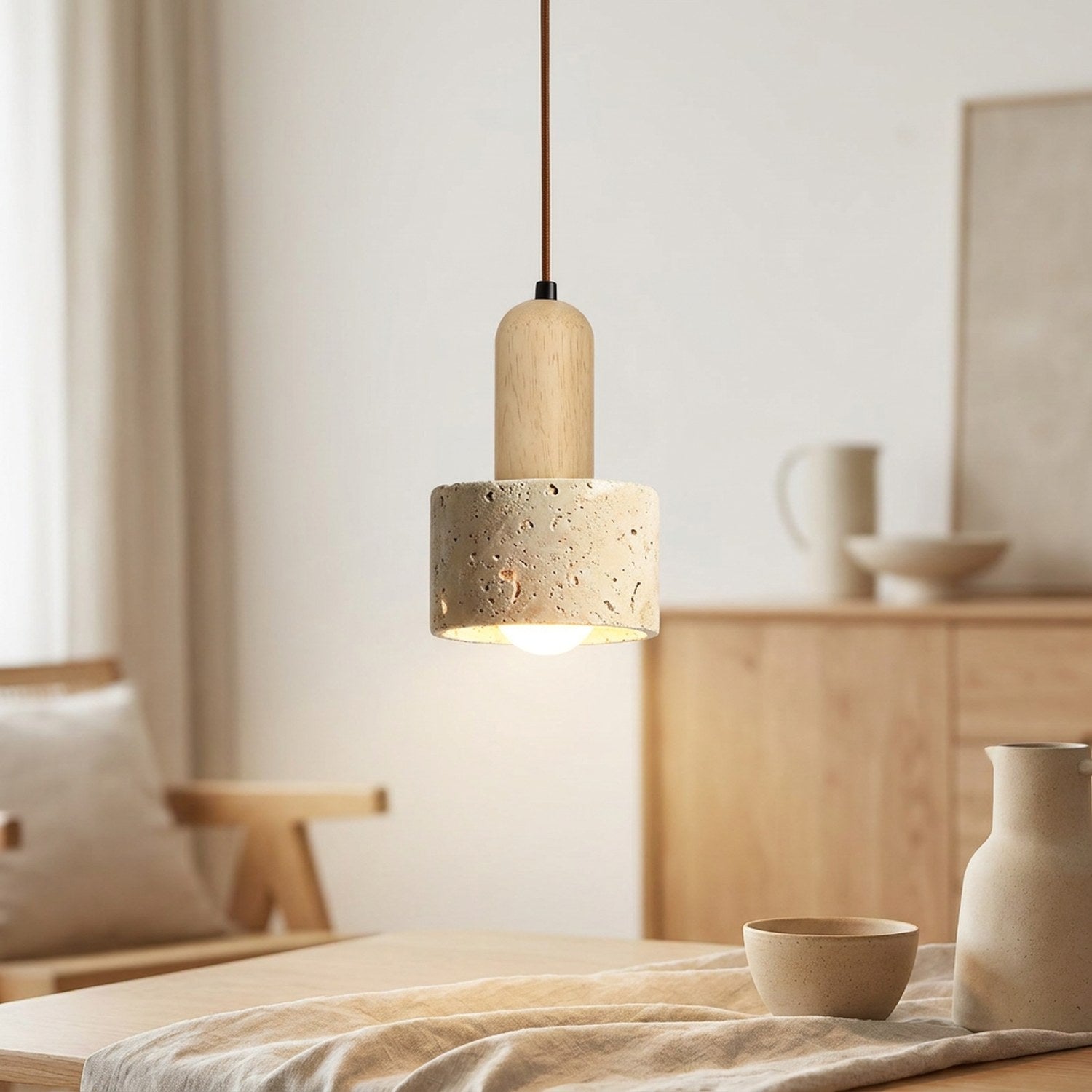 Suspension en travertin beige avec embout en bois clair dans une pièce lumineuse