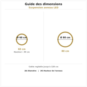 Guide des dimensions suspension anneau LED — diametre et hauteur en cm