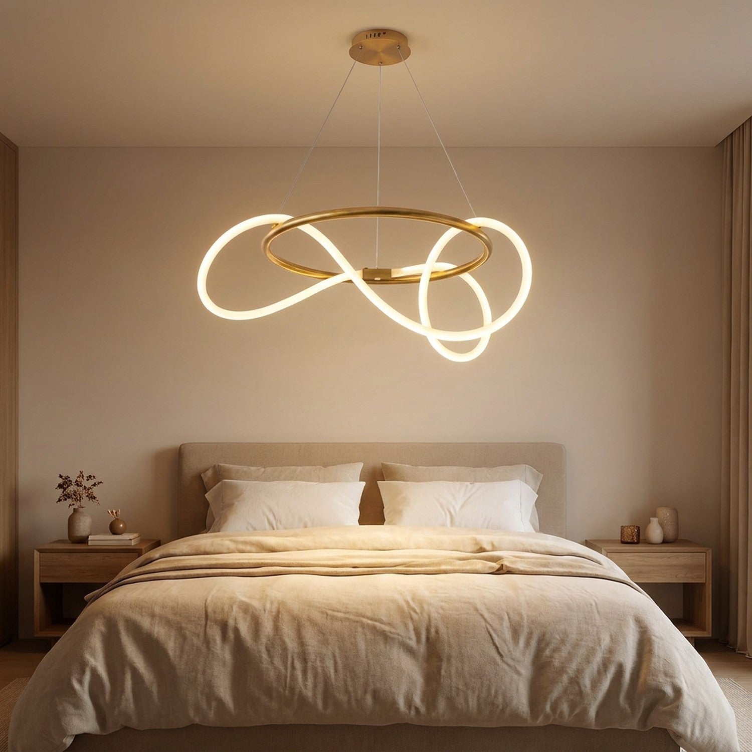 Suspension anneau LED dorée au-dessus d'un lit king dans une chambre luxueuse