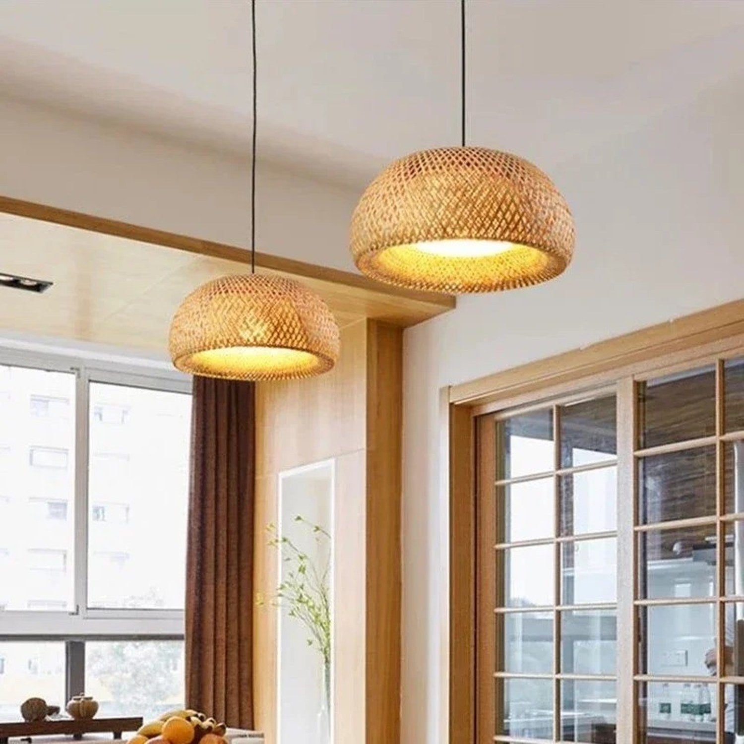 Vue dessous suspension bambou abat-jour intérieur chaleureux