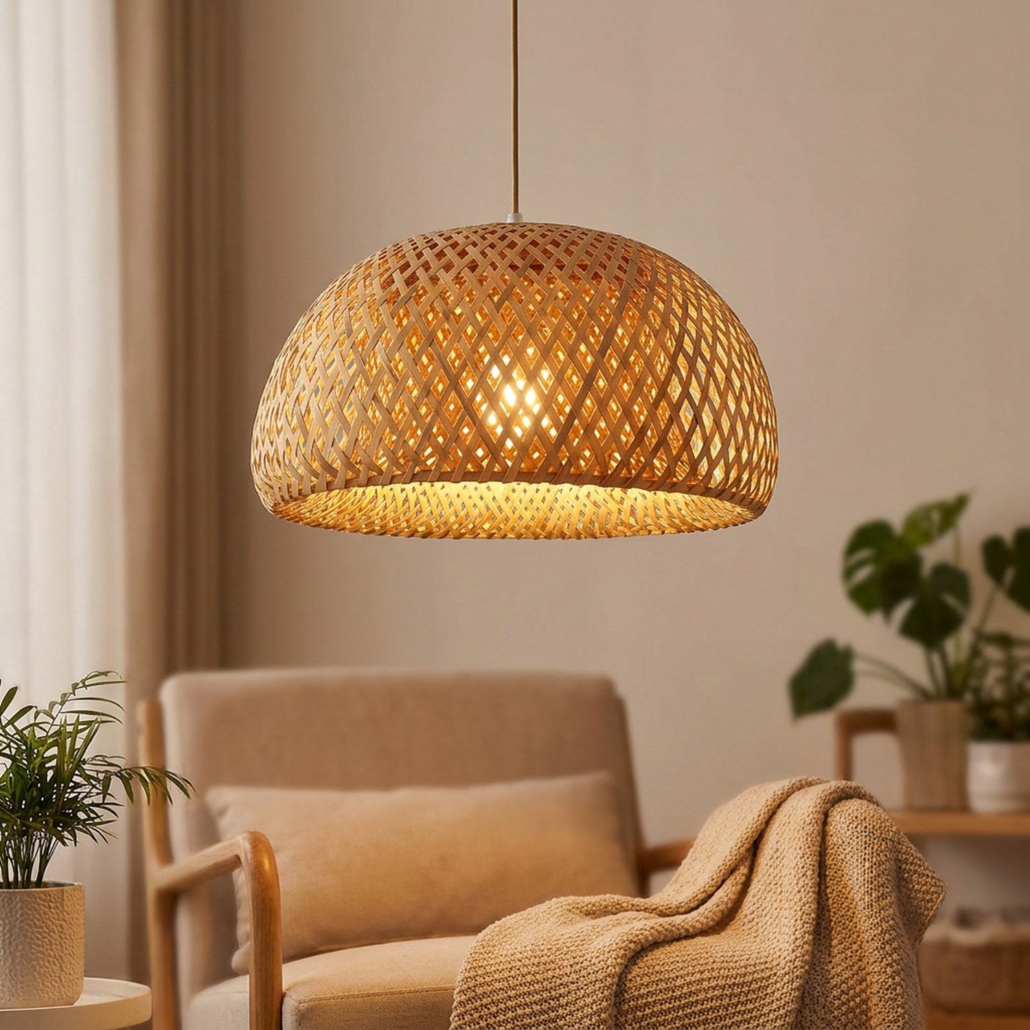 Suspension en bambou tressé en forme de dôme allumée diffusant une lumière chaude dans un salon