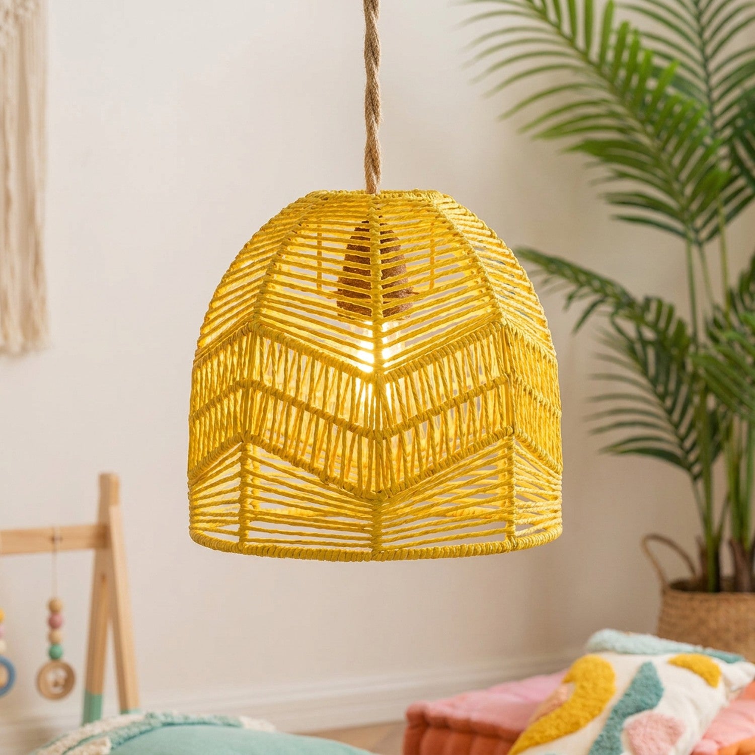 Suspension bambou rotin coloris Jaune ambiance chaleureuse