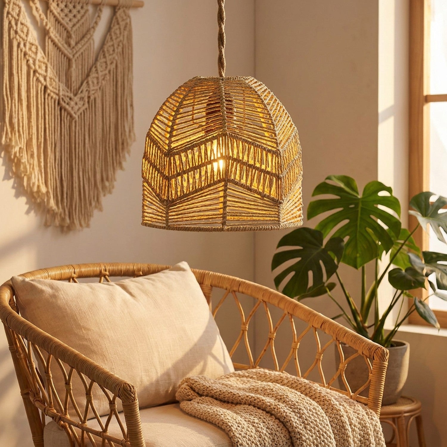 Suspension bambou rotin salon bohème fauteuil rotin