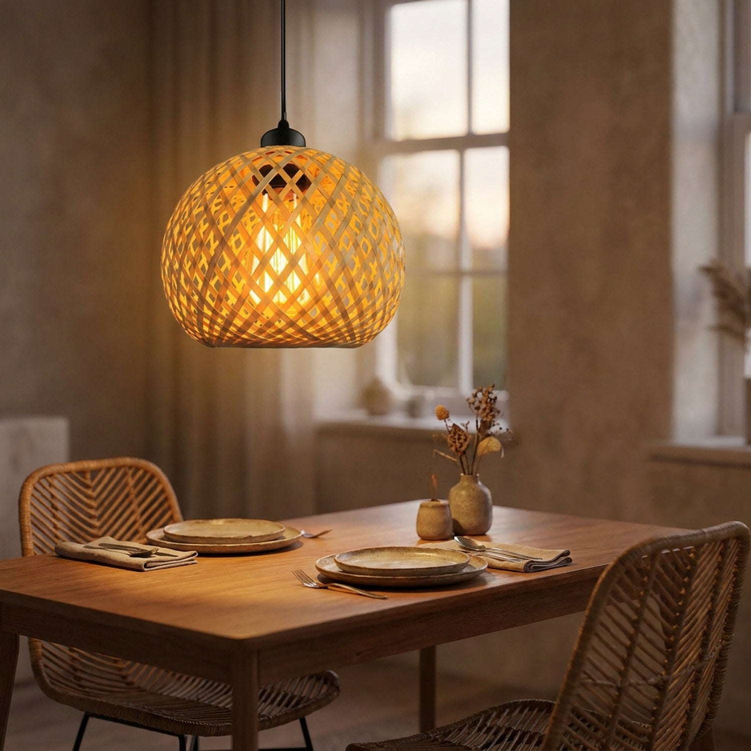 Suspension en bambou allumée au-dessus d'une table à manger en bois avec chaises en rotin
