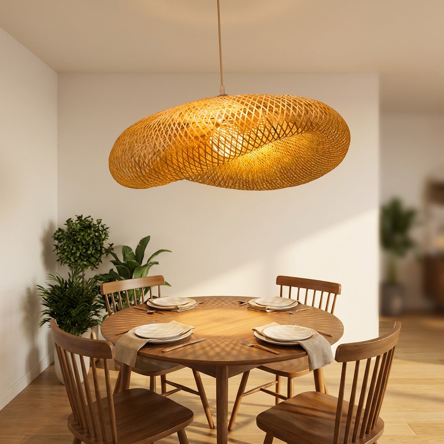 Suspension bambou tressé au-dessus d'une table à manger