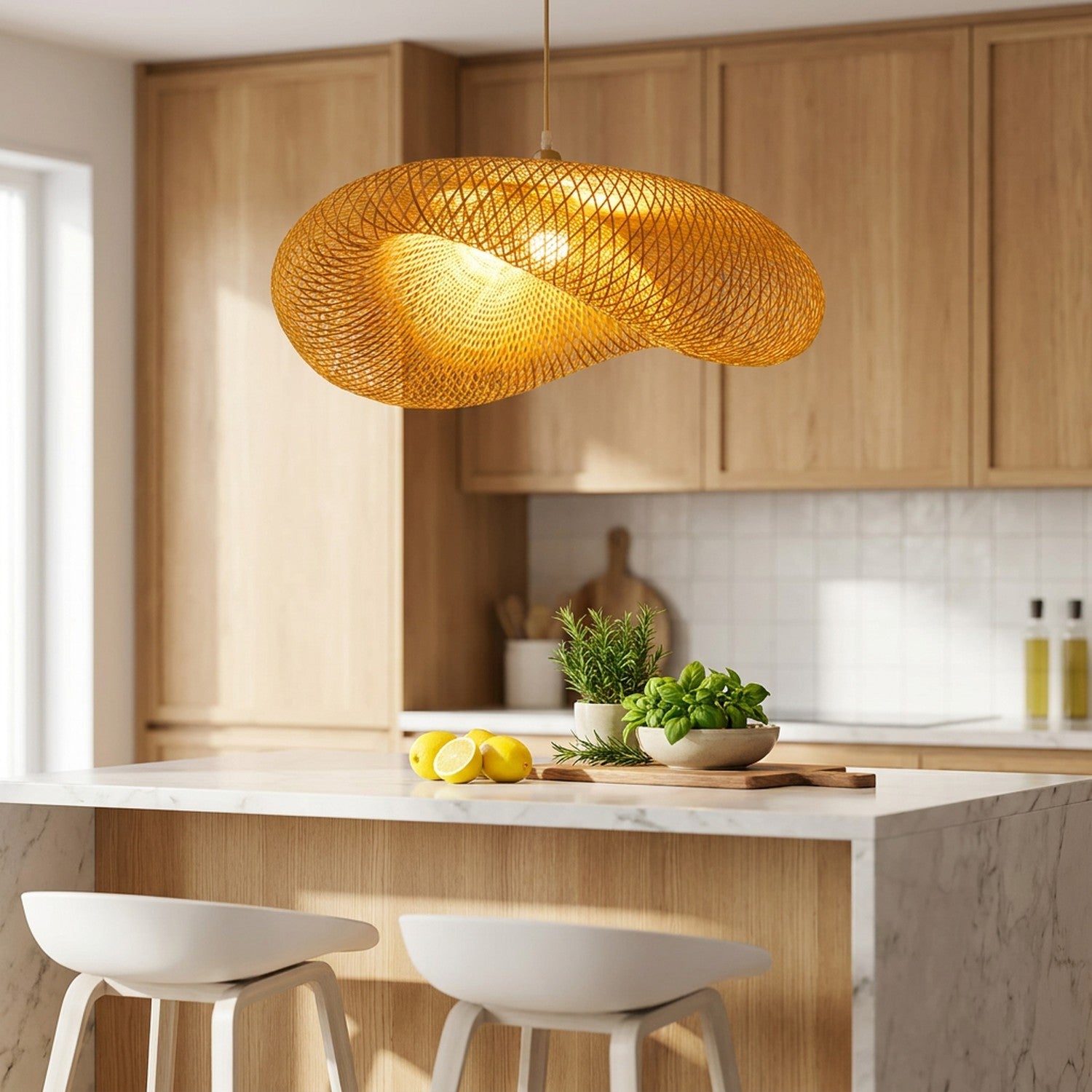 Suspension bambou vintage au-dessus d'un bar de cuisine
