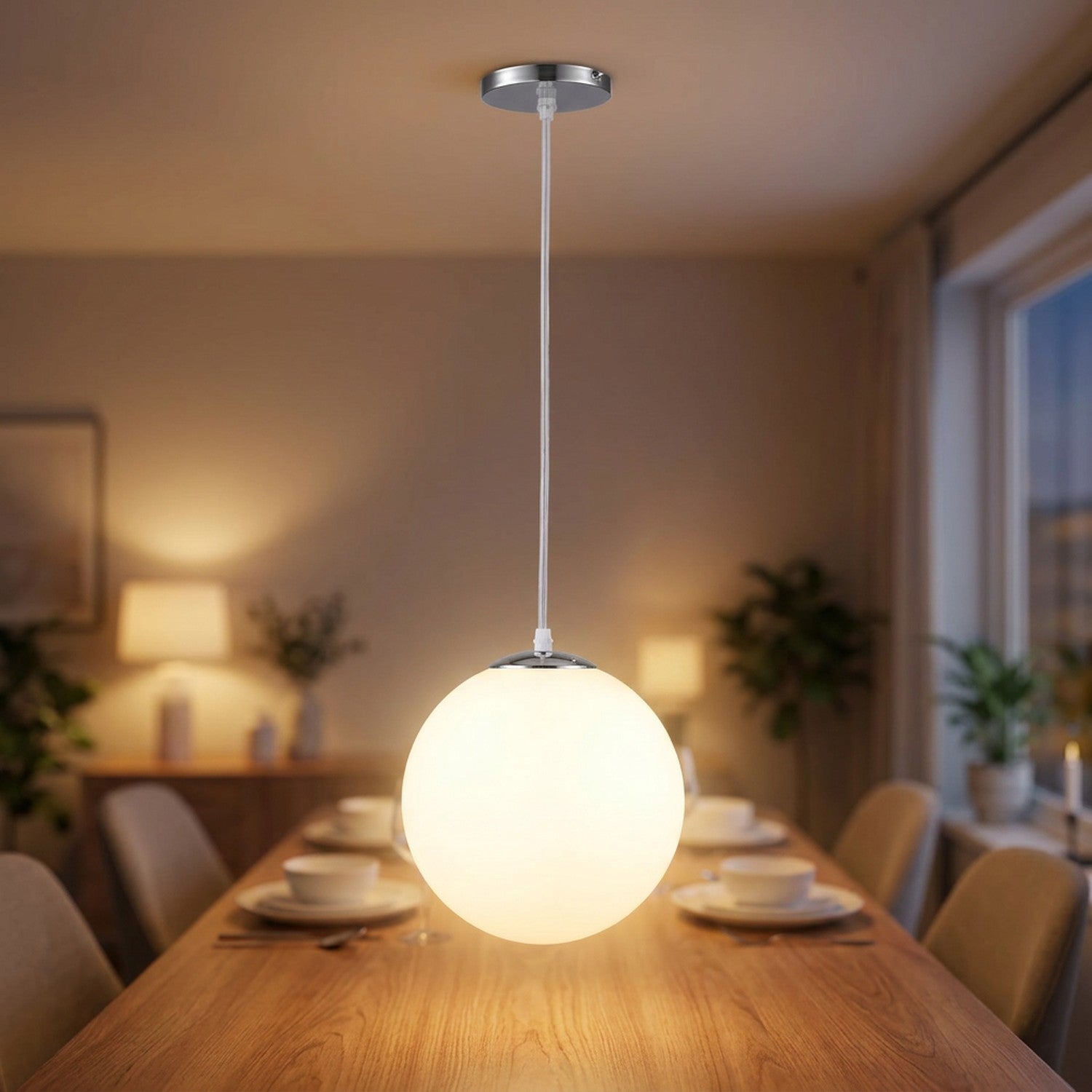 Suspension boule de verre opale avec monture chromée argentée suspendue au-dessus d'une table