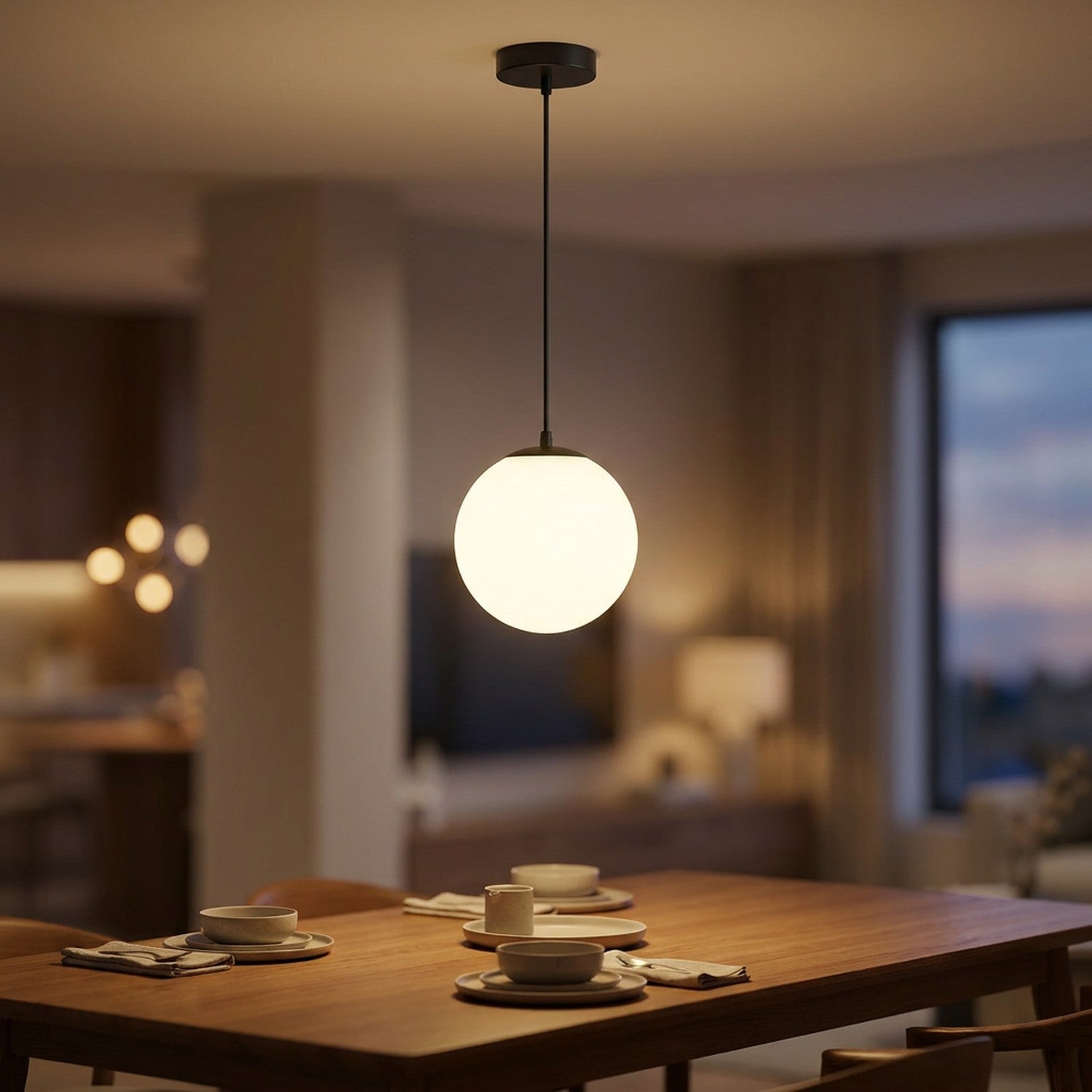 Suspension boule de verre opale avec monture noire suspendue au-dessus d'une table de salle à manger