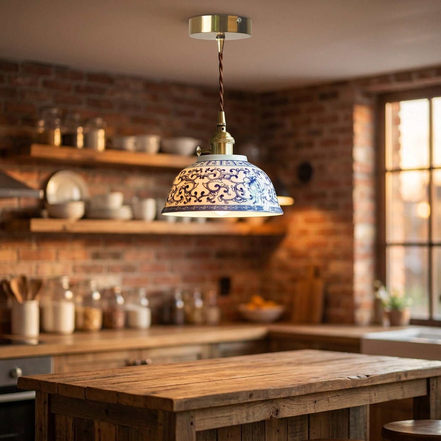 Suspension céramique motif bleu et blanc allumée dans une cuisine style loft américain