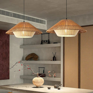 Abat-jour suspension boho en rotin et chanvre naturel