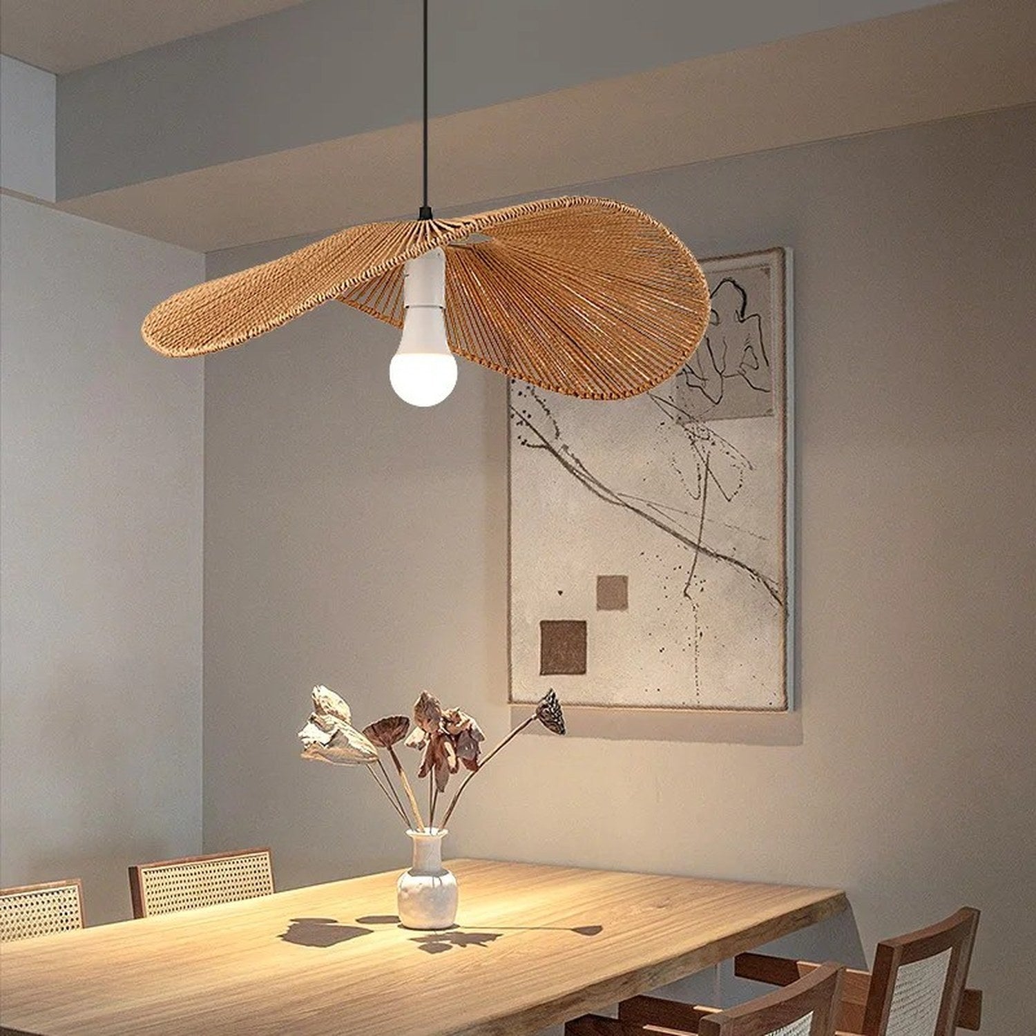 Luminaire suspension bohème tressé main, texture chanvre naturel