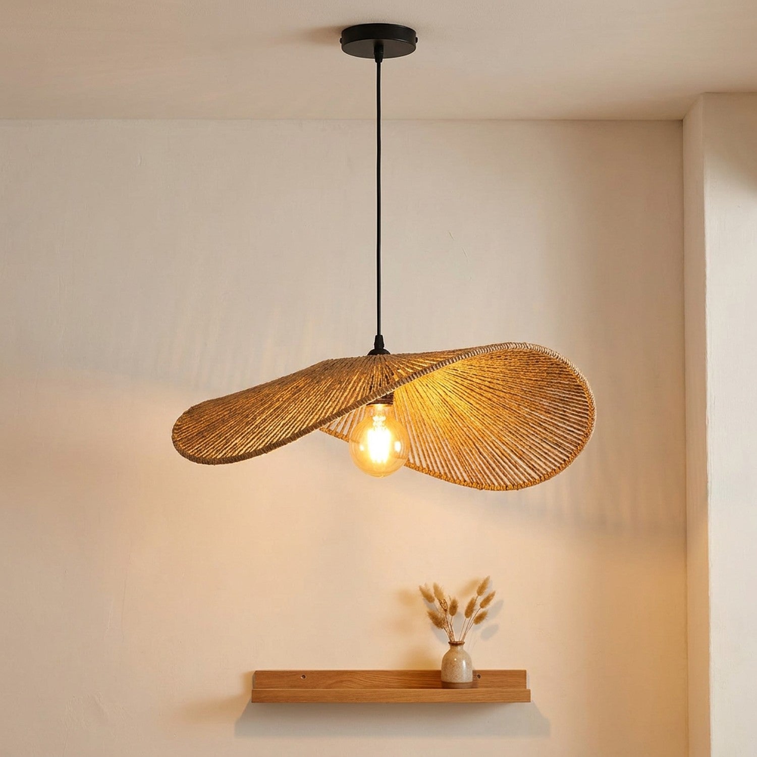 Suspension abat-jour ailes en corde de chanvre, forme chapeau ondulé ampoule apparente