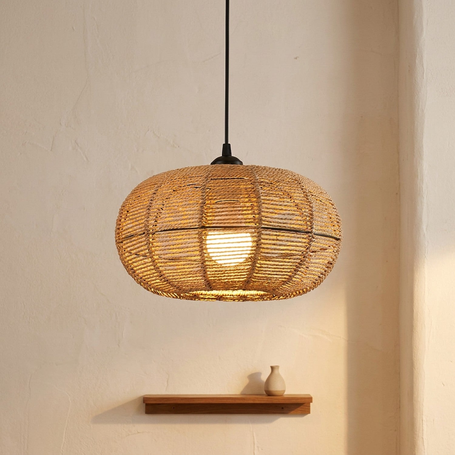 Suspension abat-jour citrouille en corde de chanvre, forme sphère aplatie