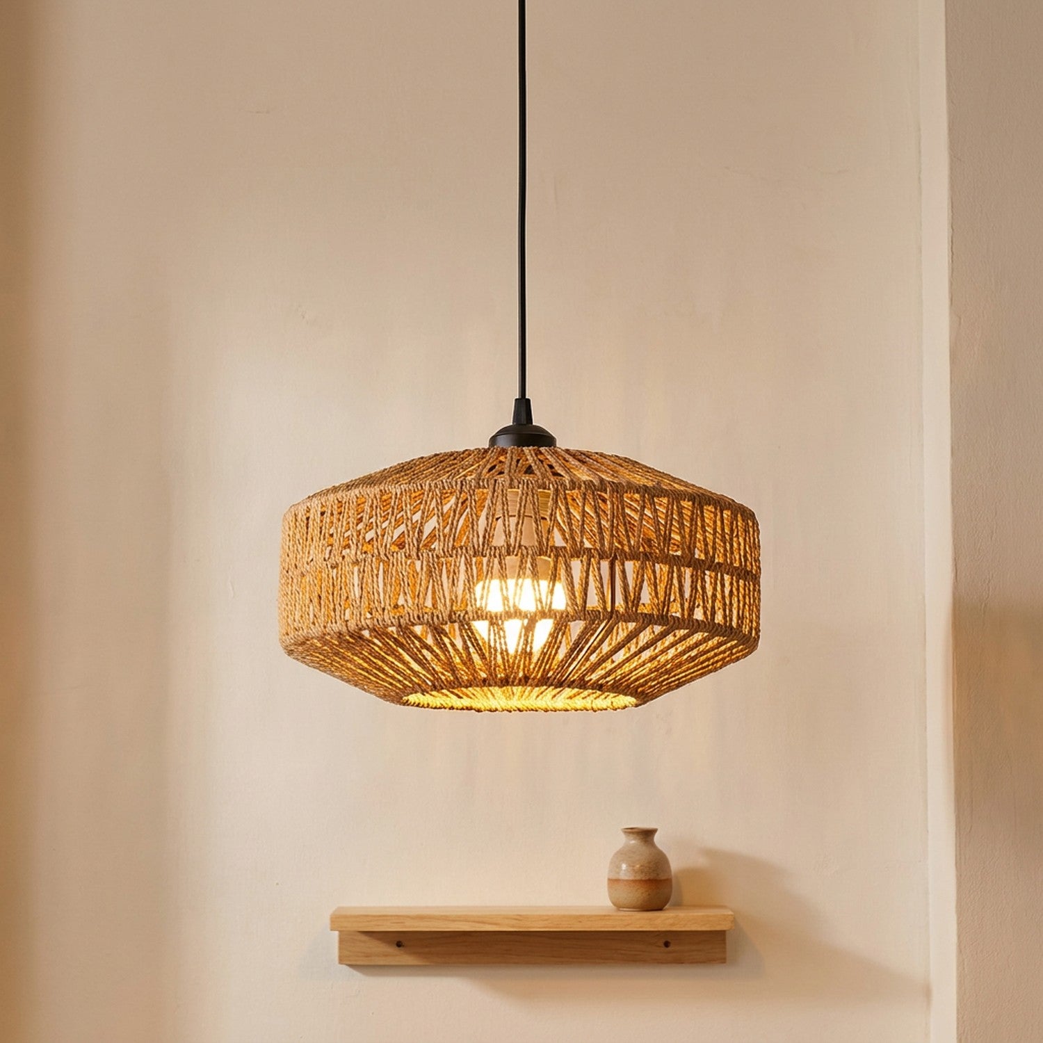 Suspension abat-jour hexagone en corde de chanvre, forme hexagonale plate