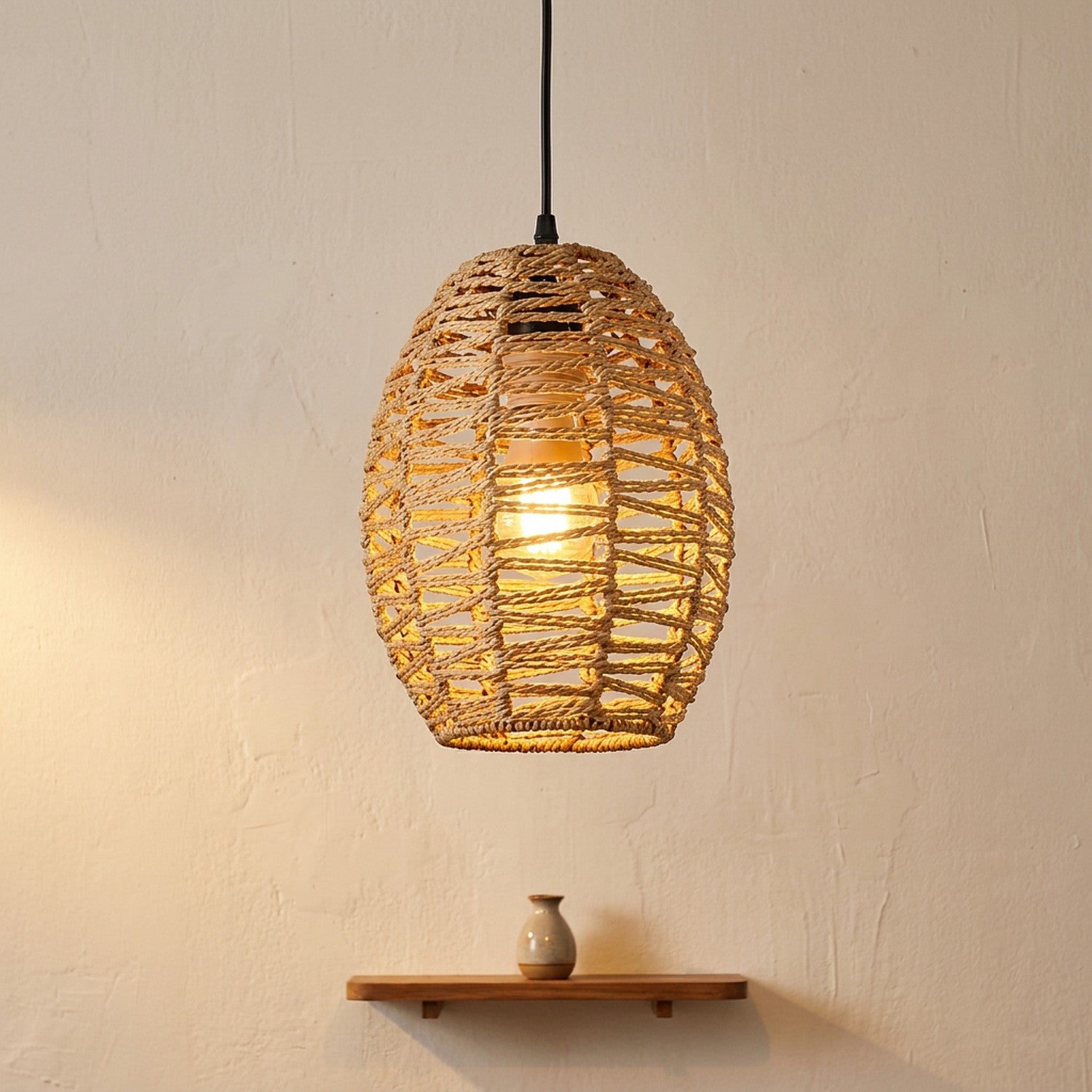Suspension abat-jour ovale en corde de chanvre, forme oeuf allumé