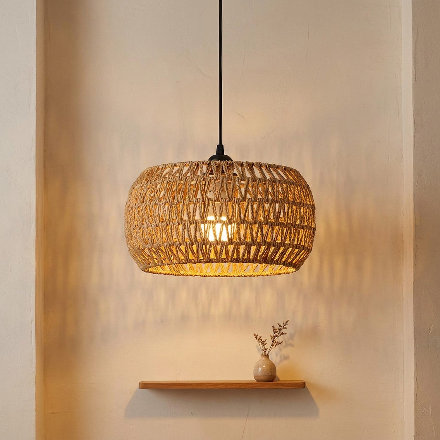 Suspension abat-jour tambour en corde de chanvre, forme cylindre large