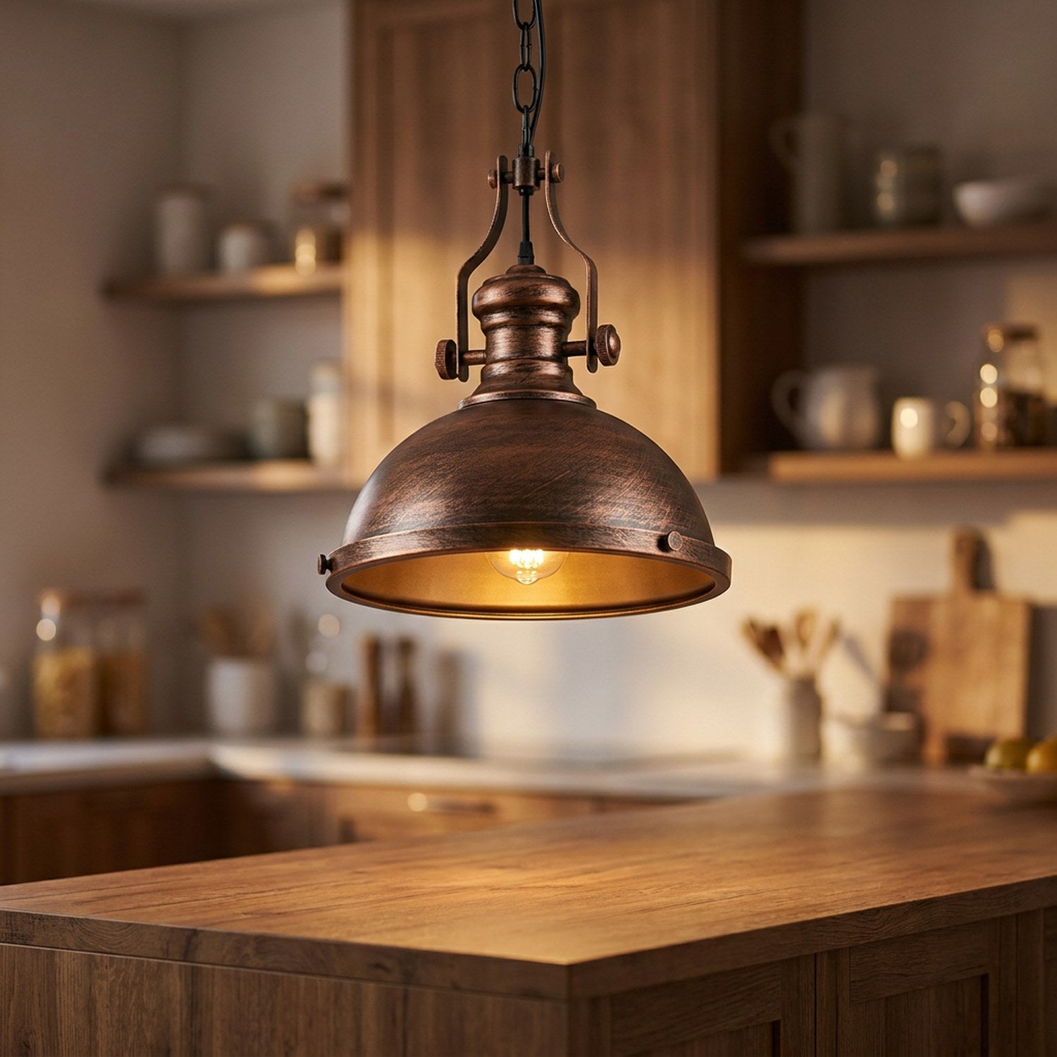 Suspension industrielle finition cuivre antique allumée au-dessus d’un îlot de cuisine